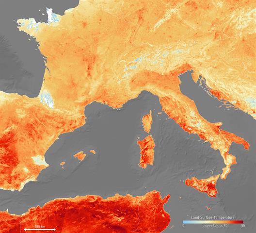 Europe bakes as temperatures rise. PHOTO: European Space Agency