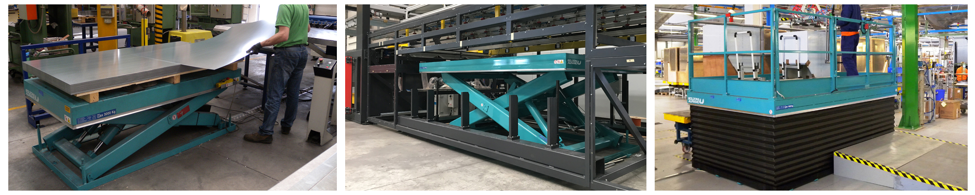 Ergonomic working station in the sheet metal working; Feeding of processing machinery in the plastic industry: Lift Table with PVC bellows to prevent trapping between scissors and safety handrails to avoid accidental falls.