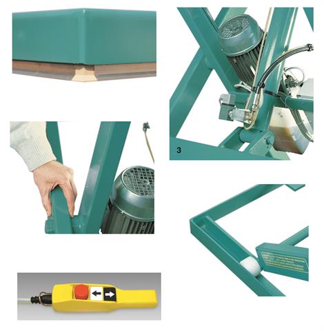Aluminum safety bar, safety clearance between scissors, safety check valve, low voltage control box hold-to-run type, maintenance hinged bars for safe operation.