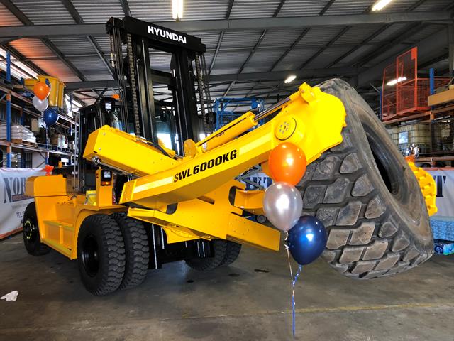 One of Rio Tinto's Hyundai forklifts, fitted with a Cascade tyre handler