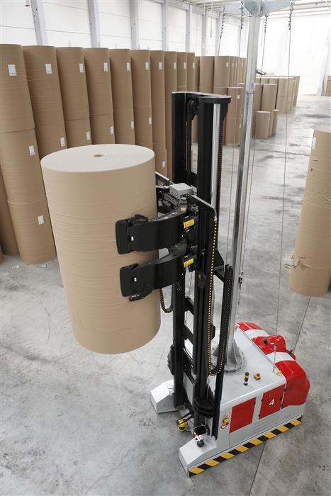 AGV Equipped with a Cascade Paper Roll Clamp