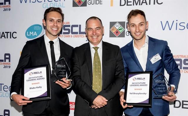Blake Kelly and Val Brusylovsky received their Future Leader Awards from Steve Rowland, NSW business manager of LMA