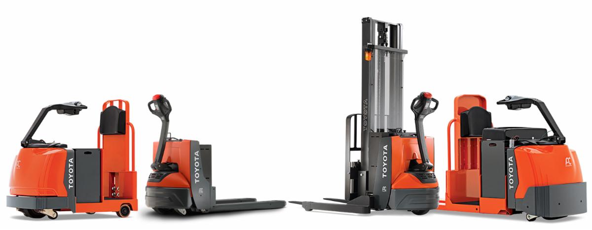 Toyota's core tow tractor, electric walkie pallet jack, walkie stacker, and centre-controlled rider pallet jack