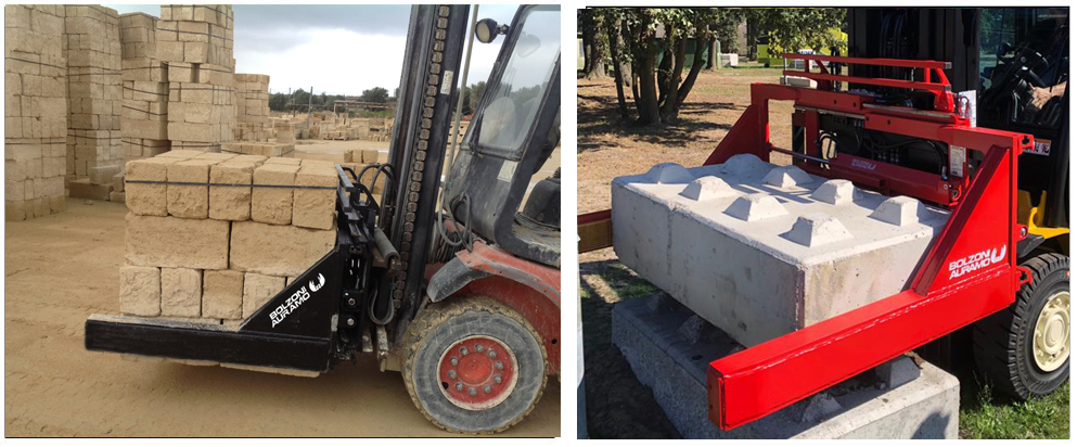 Brick Clamp: Designed to compensate the load irregularities typical of the bricks, this clamp has special execution arms fitted with self-aligning hard rubber blocks.