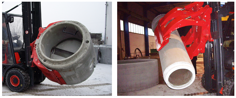 Robust Concrete Pipe Handler to lift, carry and rotate pipes in full safety.