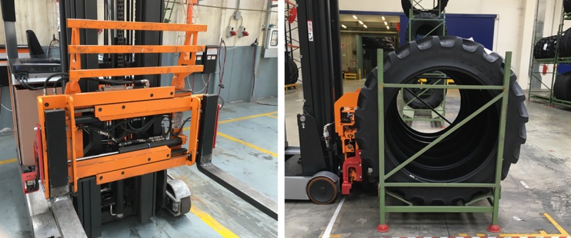 Fitted on reach truck, this fork positioner offers a wider opening than the lift truck frame. Here the fork positioner is applied for handling containers (stillages) with finished tires.