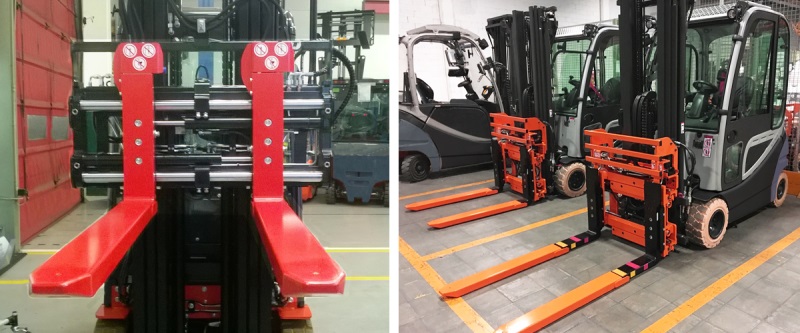 Wide opening fork positioner with reach forks.