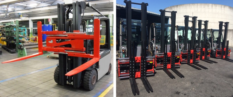 Special lateral fork clamp used as fork positioners with customized shield to handle metallic containers and a flt fleet fitted with multi pallet handler, which is able to handle from 2 to 8 pallets at a time.