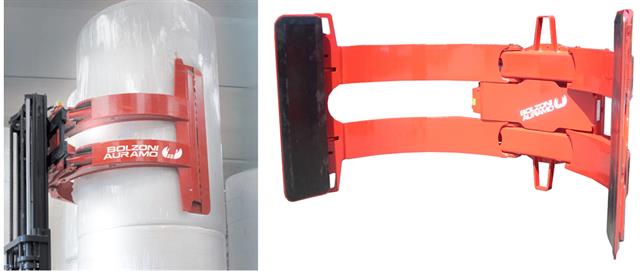 The Bolzoni Auramo Tissue paper roll clamps have higher and wider contact pads to reduce surface pressure on the soft paper.