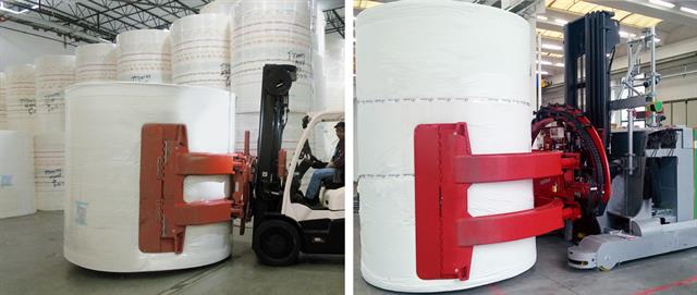 Fast 180-degree rotation, for effective vertical and horizontal Tissue roll handling. Tissue paper roll clamp fitted on AGV.