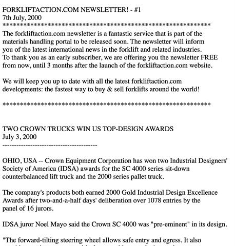 Flashback: the first Forkliftaction News email newsletter