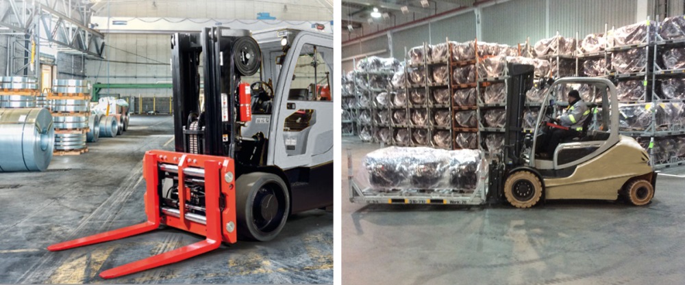 MEYER High Performance Fork Positioners 6-25/26G are being applied for various logistic handling tasks in various industrial sectors with palletized goods.