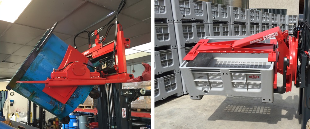 To empty containers of waste material or to handle seeds bins. Here the KG-H fork clamp fitted with drum slip-on arms and the CG-S invert-a-bin holding the container on top.
