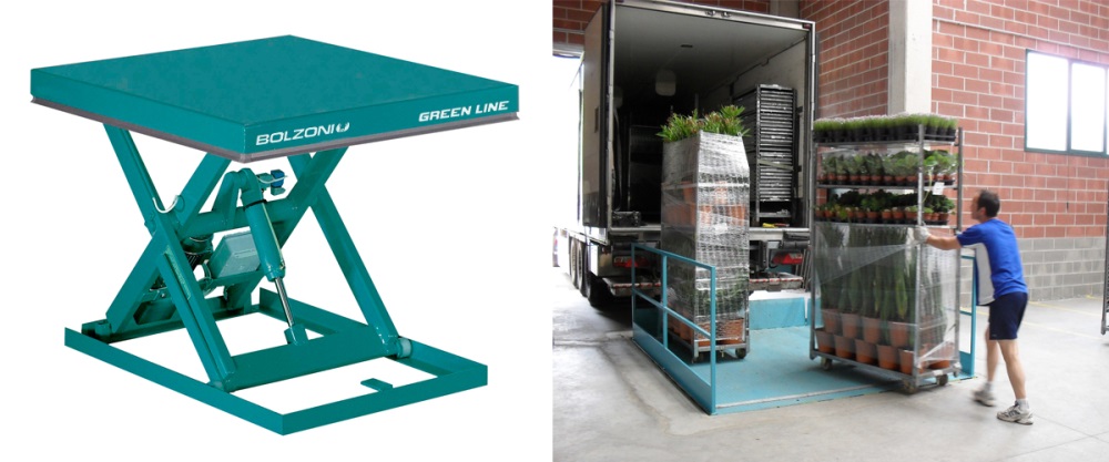 To keep the load material at the correct height, the 1E lift table is the perfect working station.<br />At an Italian import and export garden center, loading and unloading of vehicles by pedestrian truck, here the 1S Series Lift Table.