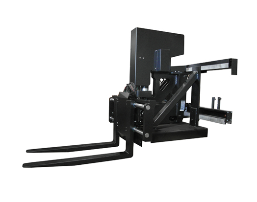 Electric driven trilateral head used on AGVs in narrow aisle.