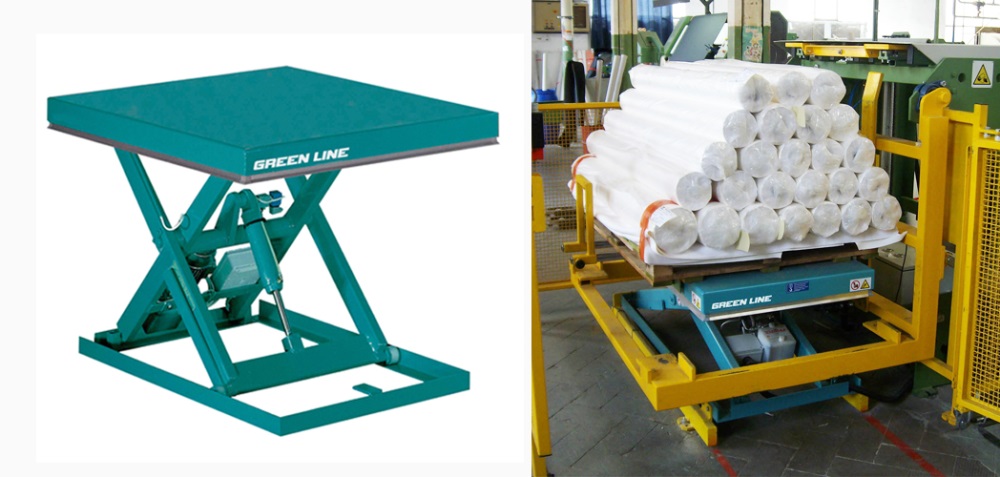 Each individual application needs a customized solution. Here a GREEN LINE lift table at the end of a production line, to collect and stack the plastic sheet rolls from the rewinder machine.