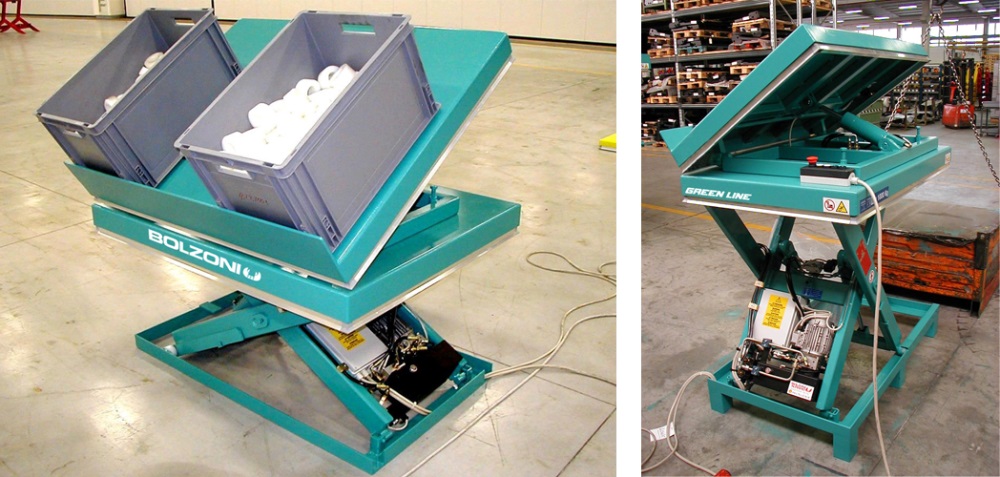 Specific to facilitate the picking of small parts, to reach load easily without operator bending or stretching: this is the GREEN LINE tilting platform lift table.