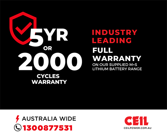 CEIL offer an Industry Leading 5 Year / 2000 cycle Full Warranty on our supplied M+S Lithium battery Range.
