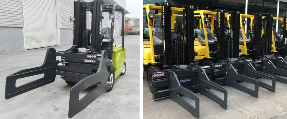 Silver Line waste paper bale clamp ready for delivery to a Spanish recycling company.<br />Silver Line pulp bale clamps fitted on ready to deliver forklift trucks in Thailand.
