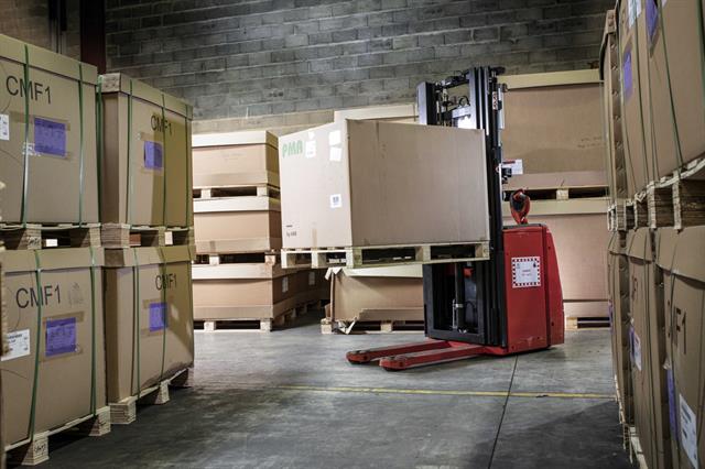A forklift operates remotely in a Geodis warehouse in Le Mans, France.