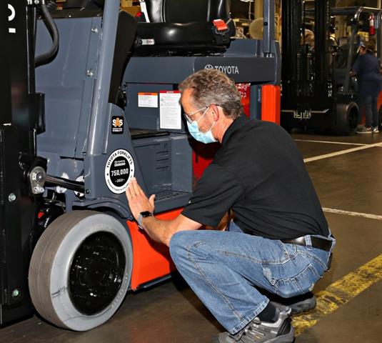 The 750,000th forklift rolls off the line in Columbus, Indiana.