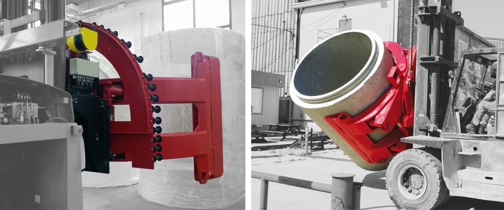 Two large clamps working in two completely different environments: Tissue paper roll handling on AGV, and concrete pipe handling in a construction site.