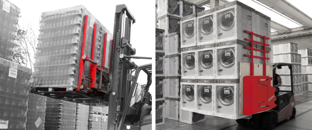 The MEYER multi pallet handler and the BOLZONI AURAMO carton and appliances clamp. Both have long-life wearing components and low maintenance required.