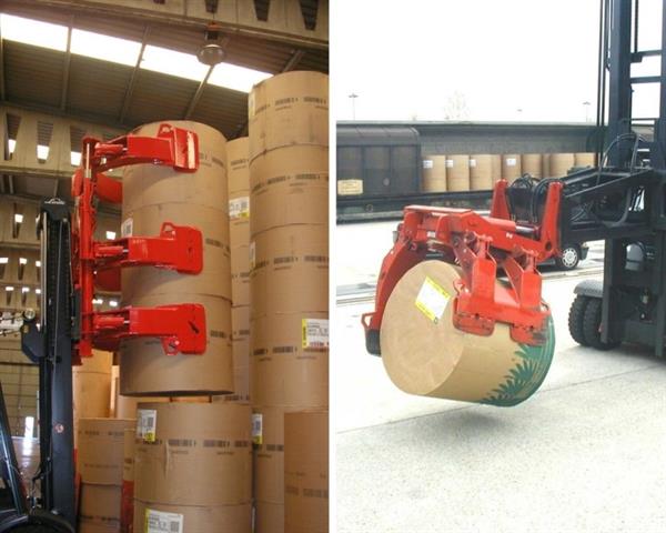 Typical attachments used for paper handling in ports include single- and double-tower clamps, rotating and tilting paper roll clamps, to suit the specific application.