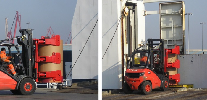 To unload a ship as fast as possible involves handling multiple reels (up to 8 at a time) as they are offloaded from the ship to the warehouse.