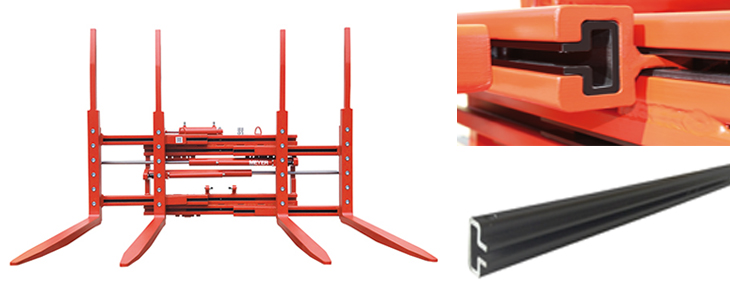 Multi pallet handler with profile guide system, for non-standard and special pallets handling, as fork spread and opening ranges are very flexible.