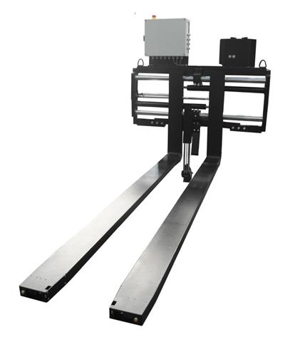 Fully electric driven fork positioner for AGV and conventional counterbalanced lift trucks, to precisely position forks to handle different pallet sizes.