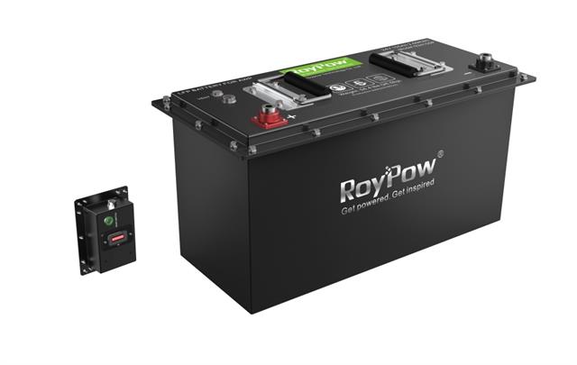 RoyPow LiFePO4 Aerial Work Platform battery, with control panel.