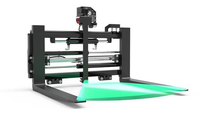 The laser, mounted on the frame, projects a horizontal linear beam with an angle of 90 degrees aligned to the points of the forks.