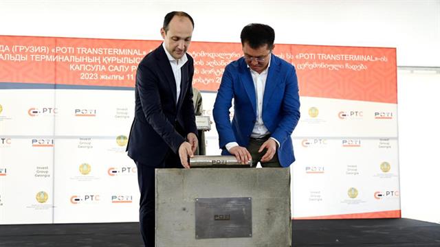 Georgian Vice Prime Minister Levan Davitashvili and Kazakhstani Minister of Industry and Infrastructure Development of Kazakhstan Marat Karabaev lay the foundation stone of the new Poti port
