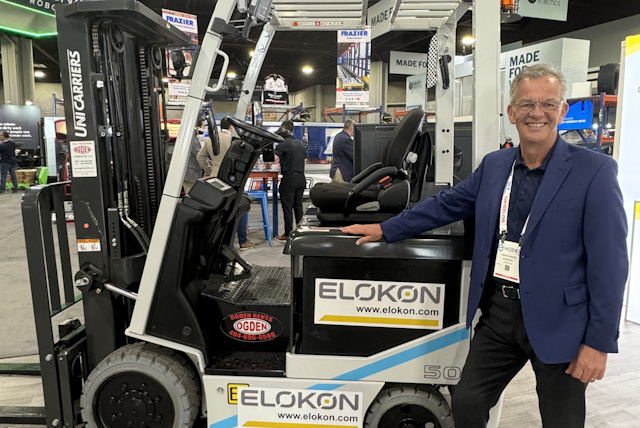 Elokon's Mark Stanton with their forklift safety and fleet management systems for material handling.