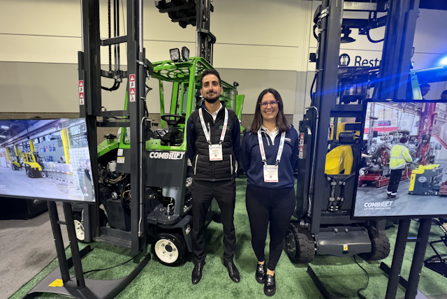 Combilift at modex multidirectional counterbalance truck for moving bulky loads in tight spaces.