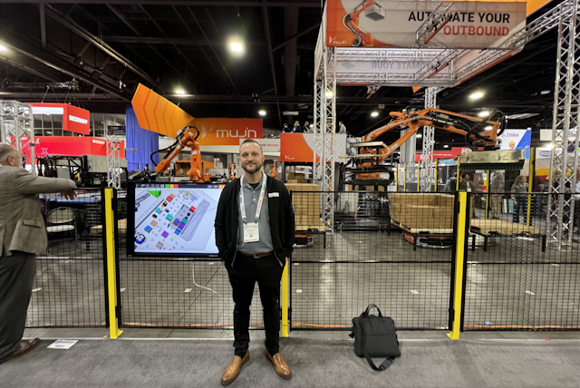 At the Mujin booth Jeremy Fultz invited onlookers to come see the entire warehouse case flow automated.