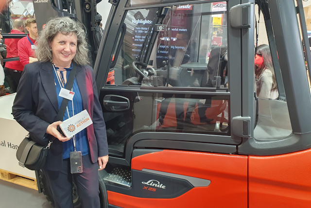Linde's Monika Laurent-Junge showing Forkliftaction the ins and outs of their X25 electric forklift.