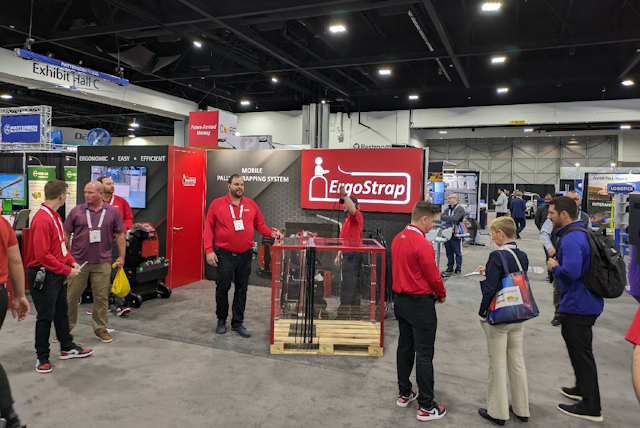 Ergostrap, providers of semiautomatic mobile pallet strapping systems, show MODEX spectators how it's done.