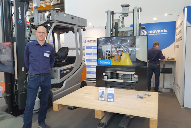 Over at the Movanis exhibit in hall 6 Tim Cornelissen presents their Titan smart driverless forklift.