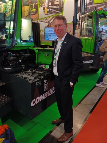 Combilift co-founder Martin McVicar demonstrates some of the functionality of the new Combi-CB70E counterbalance forklift