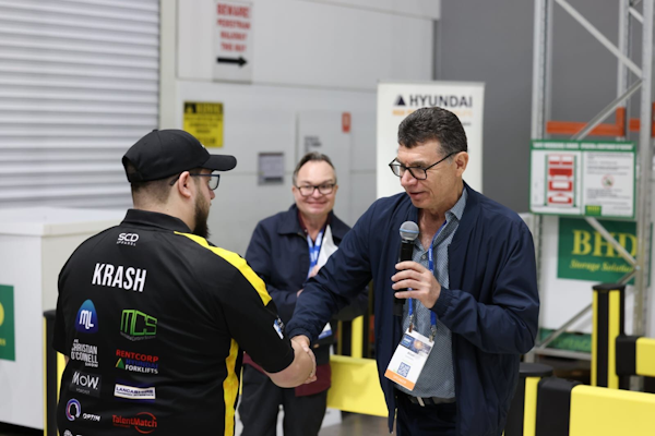 Allan Leibowitz congratulates the 2024 Australian Forklift Championship winner Andrew Galea!