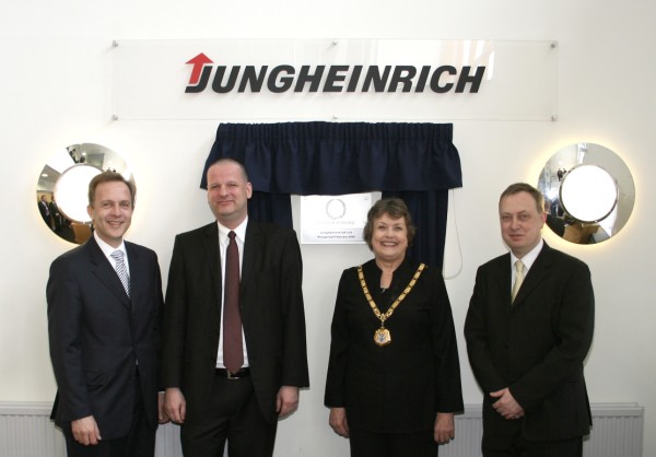 At the ceremony unveiling a plaque marking Jungheinrich's IiP status (L-R): Stefan Gradenwitz from Jungheinrich AG; Hans Herbert Schultz from Jungheinrich (UK) Ltd; Councilor Jan Lloyd, mayor of Milton Keynes and Gavin Kibble from Jungheinrich (UK) Ltd.
