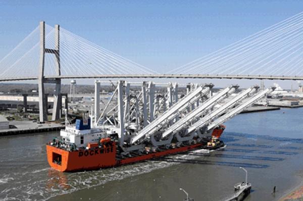 Four super post Panamax cranes on way to Garden City Terminal . Photo courtesy of Georgia Ports Authority.