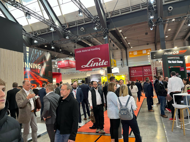 It's still early on day one of LogiMAT 2025 but the is plenty of foot traffic at the Linde stand.