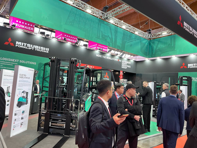 The Mitsubishi EdiA XL electric counterbalance forklift sits proud at the Mitsubishi Forklift Trucks - Logisnext stand.