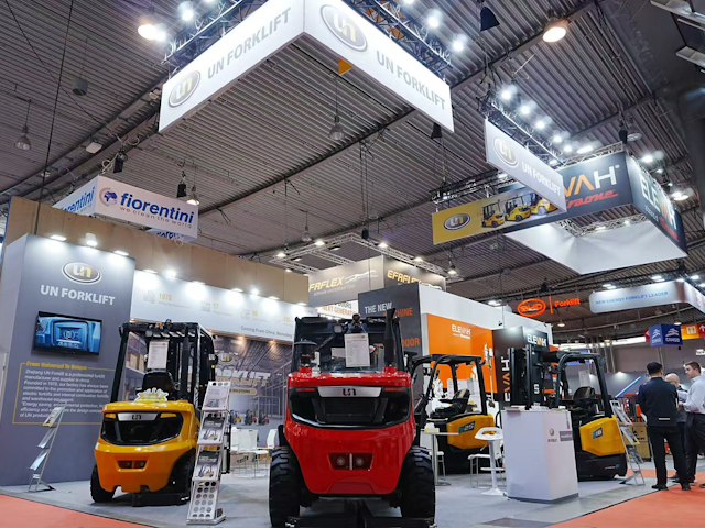 UN proudly spotlights a selection of their forklifts, with their compact F-Series 2WD & 4WD Rough Terrain Forklift there at centre stage.