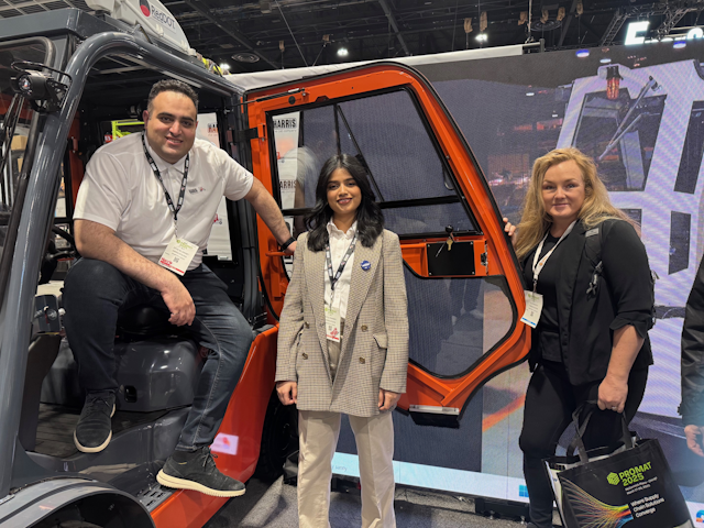 Forkliftaction's Jolie Booth takes five with Harris-Stolper's Mitali Chander and Ziyad Al-Janaby, who are showing of their advanced operator cabs at the show.