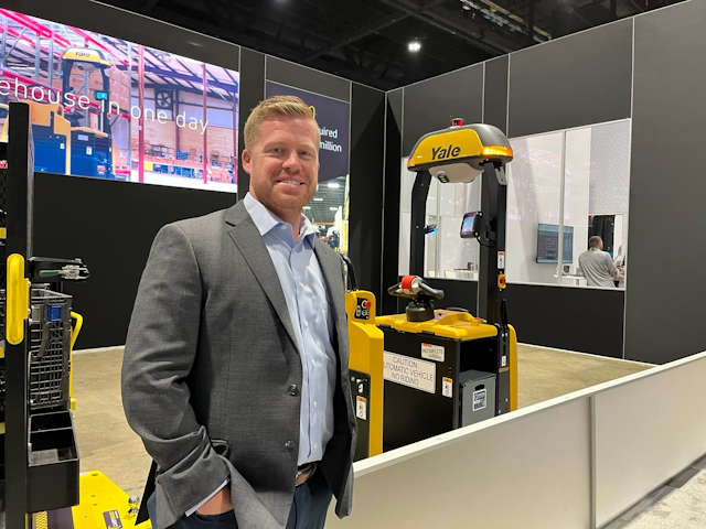 Automation sales manager Kyle Smart shows off their newly launched Yale Relay™ automated lift truck platform.