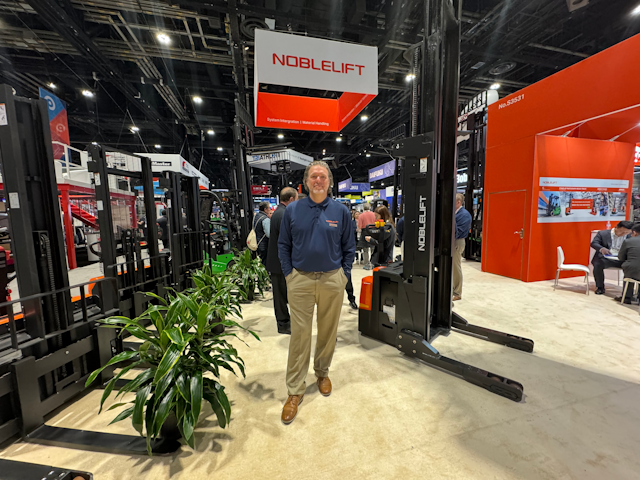 Noblelift North America President Bill Pedriana stands proud amidst their extensive range. At ProMat 2025 the company launched Project Alpha—an open-source global sustainability initiative.